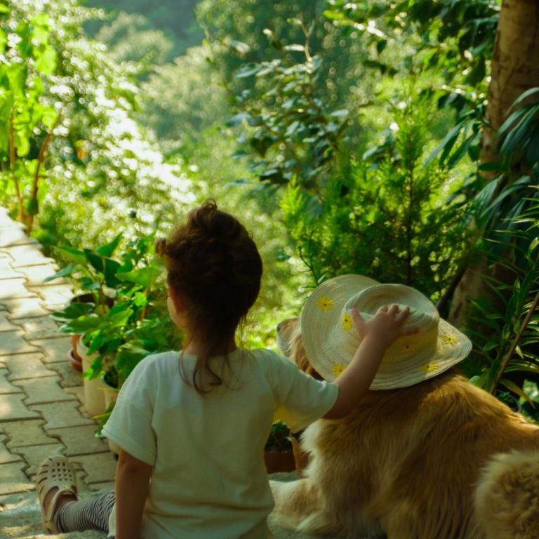 Ein Kind sitzt neben einem Hund in einer grünen, sonnigen Landschaft.